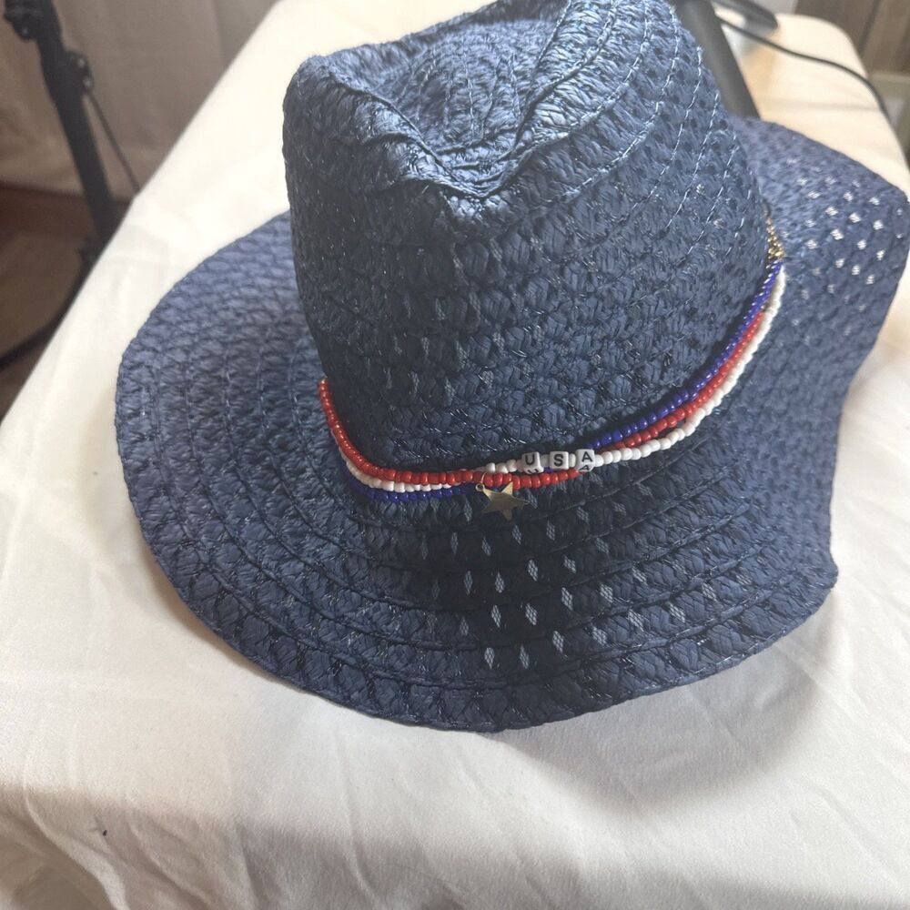 SHEIN Navy Blue Straw Hat Red White And Blue Bead Accents USA NWOT - Picture 1 of 12